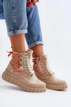 Wysokie Trampki Damskie Na Masywnej Platformie Beżowe Kernia