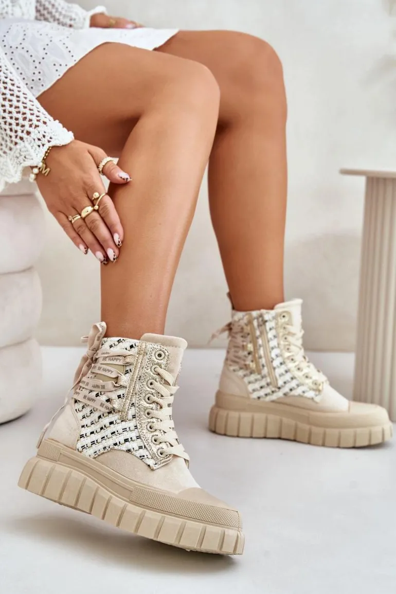 Wysokie Trampki Damskie Na Masywnej Platformie Jasnobeżowe Kernia