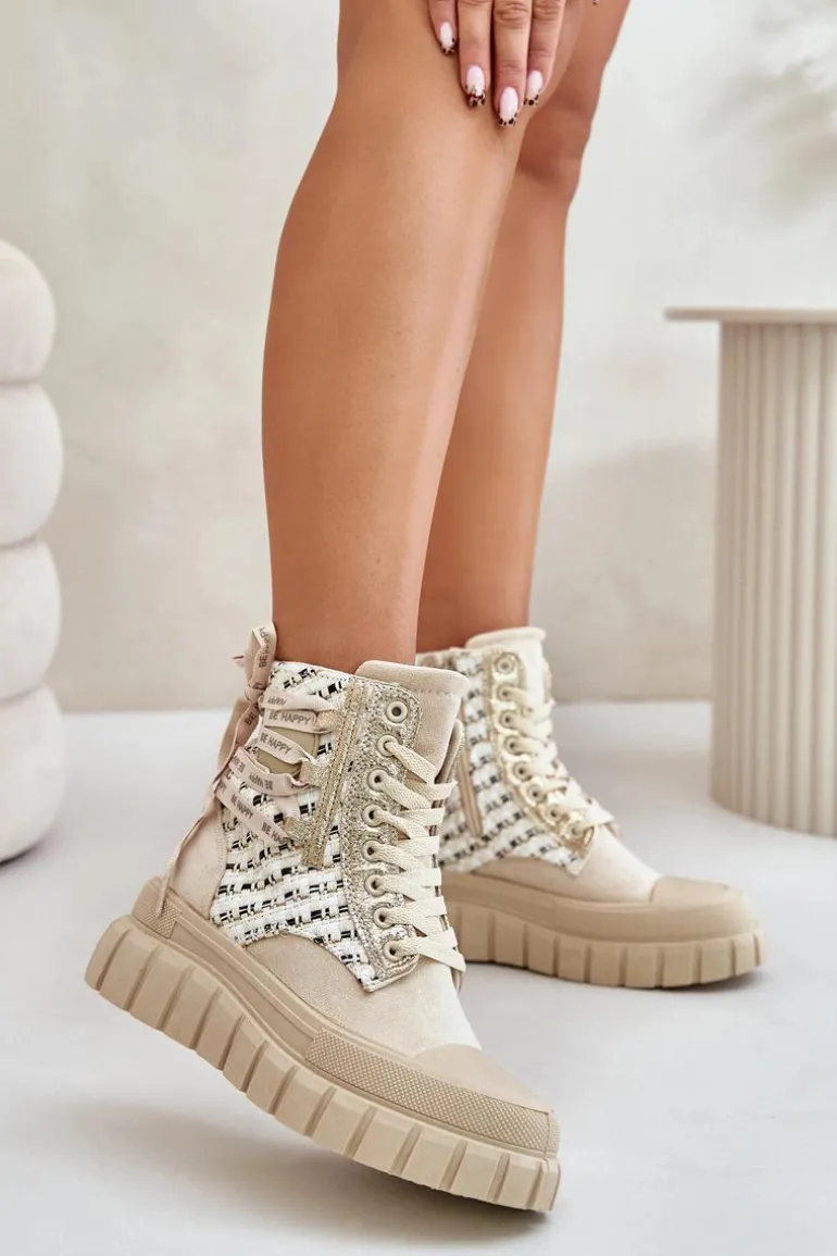Wysokie Trampki Damskie Na Masywnej Platformie Jasnobeżowe Kernia