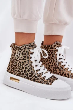 Wysokie Trampki Damskie W Panterkę Na Platformie Brązowe Laviriona