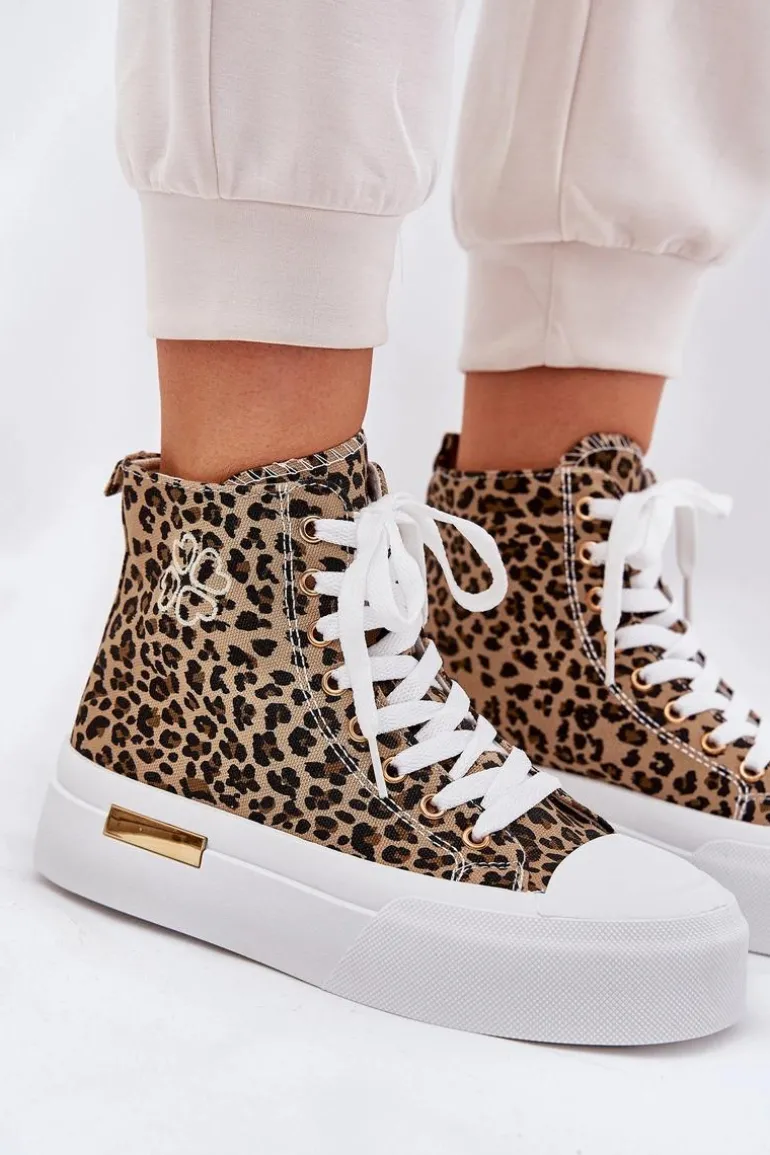 Wysokie Trampki Damskie W Panterkę Na Platformie Brązowe Laviriona