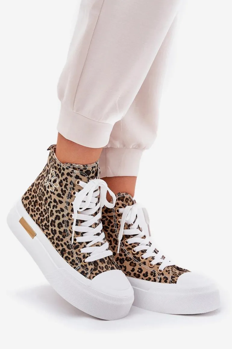 Wysokie Trampki Damskie W Panterkę Na Platformie Brązowe Laviriona