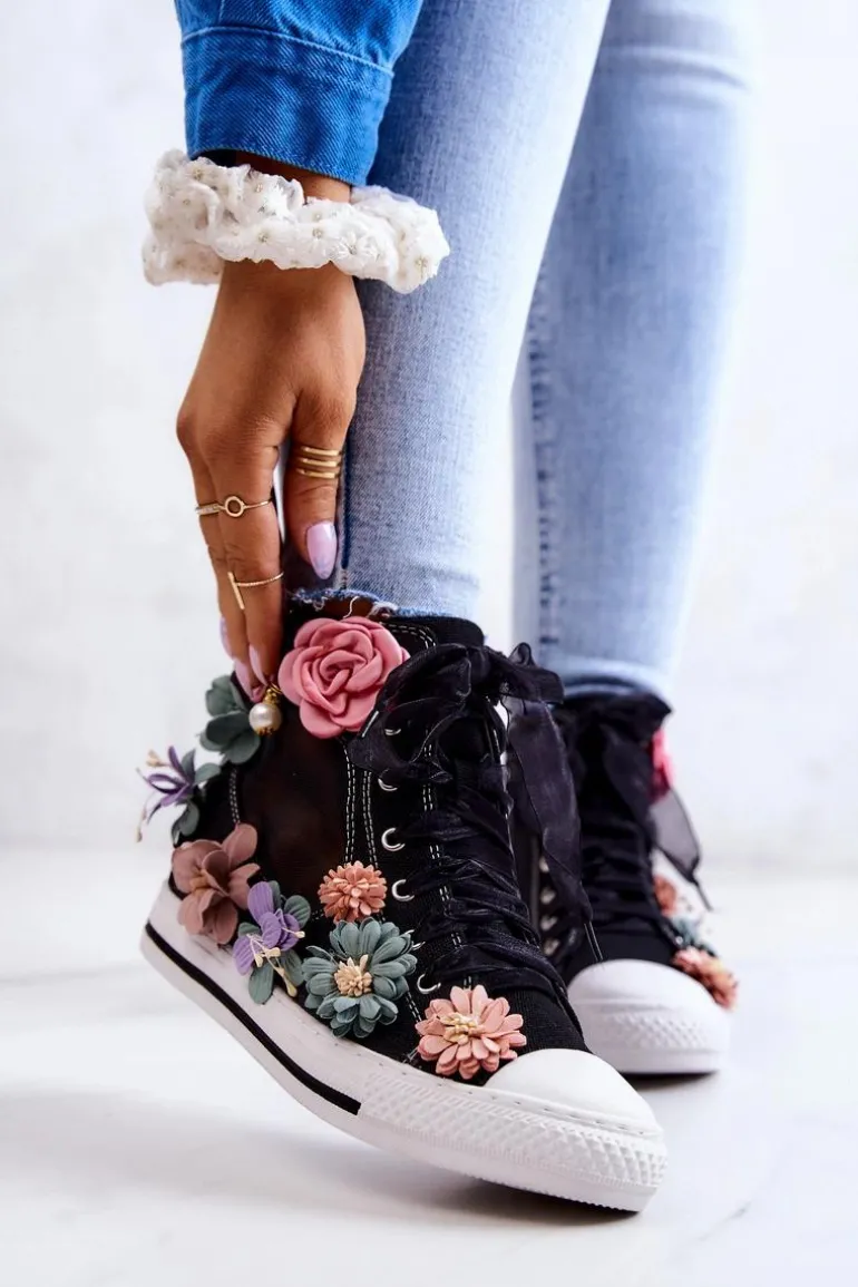 Wysokie Trampki Z Kwiatami Czarne Sellin