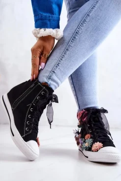 Wysokie Trampki Z Kwiatami Czarne Sellin