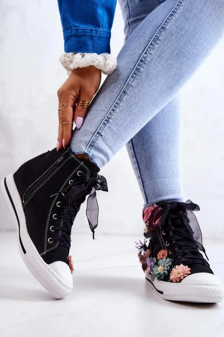 Wysokie Trampki Z Kwiatami Czarne Sellin