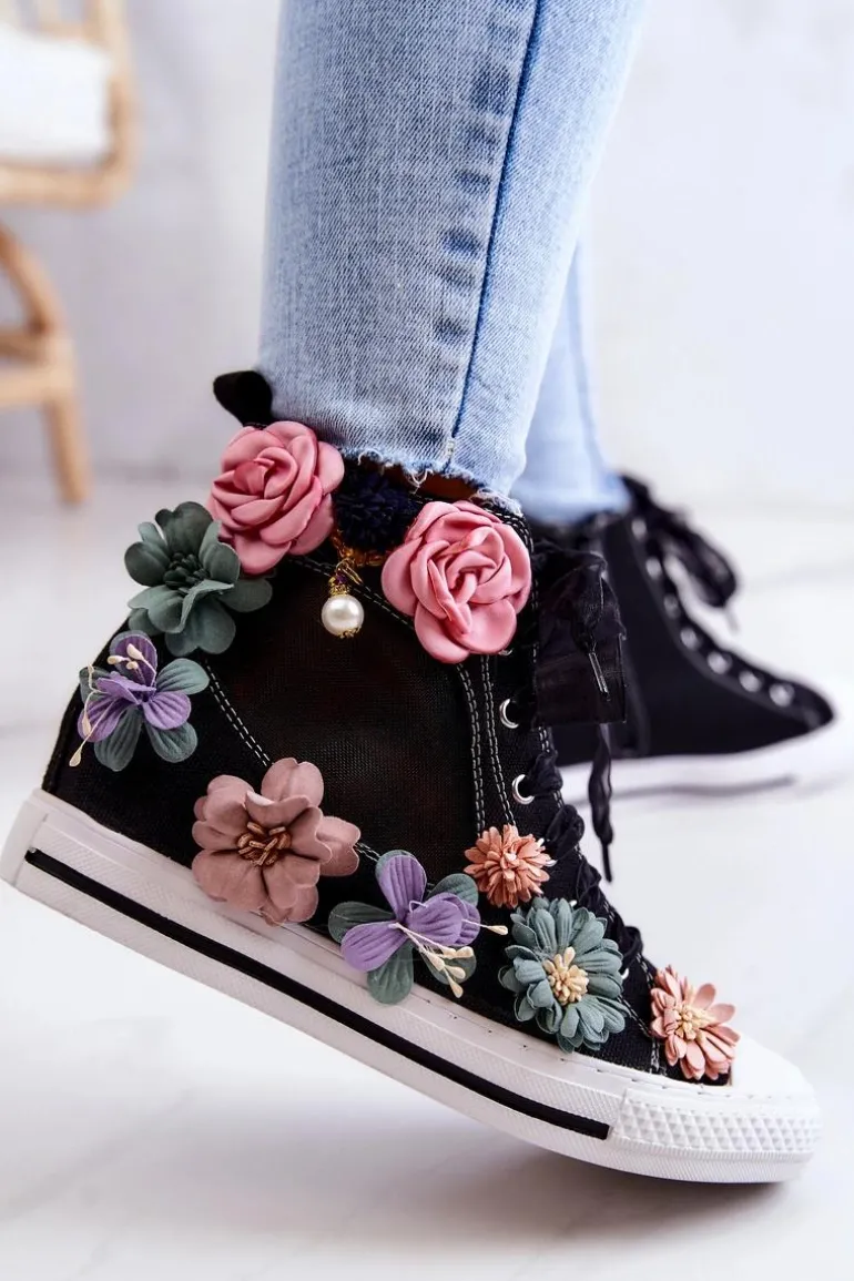 Wysokie Trampki Z Kwiatami Czarne Sellin