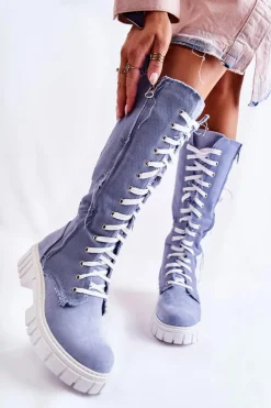 Wysokie Wiązane Kozaki Trapery Niebieskie Kayra