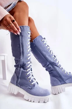 Wysokie Wiązane Kozaki Trapery Niebieskie Kayra