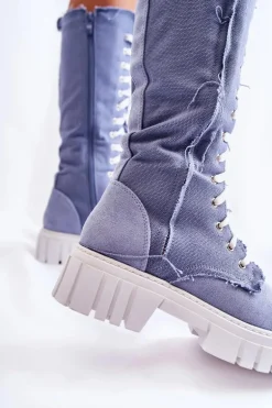 Wysokie Wiązane Kozaki Trapery Niebieskie Kayra