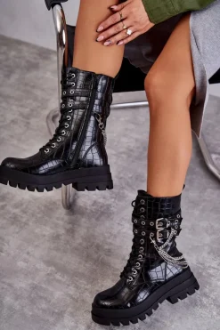 Wysokie Workery Botki Z Łańcuchem Wężowe Czarne Montero
