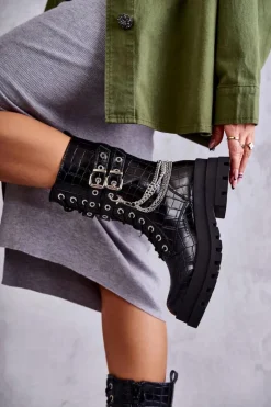 Wysokie Workery Botki Z Łańcuchem Wężowe Czarne Montero