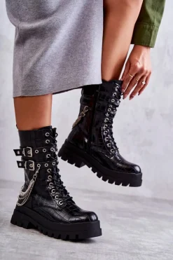 Wysokie Workery Botki Z Łańcuchem Wężowe Czarne Montero