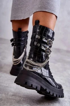 Wysokie Workery Botki Z Łańcuchem Wężowe Czarne Montero