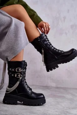 Wysokie Workery Botki Z Łańcuchem Czarne Montero