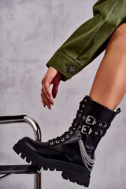 Wysokie Workery Botki Z Łańcuchem Czarne Montero