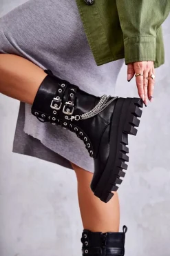 Wysokie Workery Botki Z Łańcuchem Czarne Montero