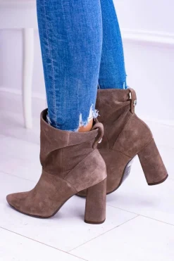 Wysokie Zamszowe Botki na Słupku Laura Messi Khaki 1857