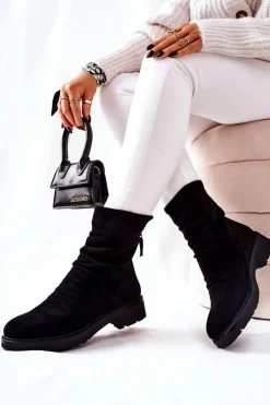 Wysokie Zamszowe Marszczone Botki Czarne Trishia