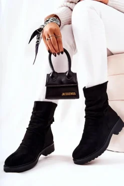 Wysokie Zamszowe Marszczone Botki Czarne Trishia