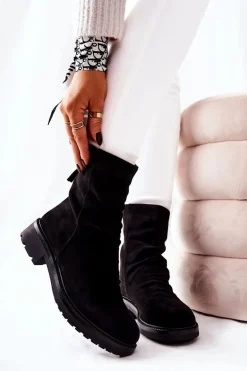 Wysokie Zamszowe Marszczone Botki Czarne Trishia