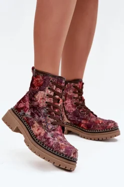 Wzorzyste Botki Damskie Ocieplane Artiker 57C1055 Bordowe