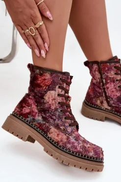Wzorzyste Botki Damskie Ocieplane Artiker 57C1055 Bordowe