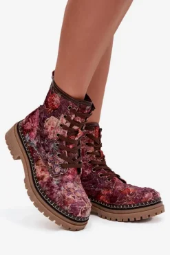Wzorzyste Botki Damskie Ocieplane Artiker 57C1055 Bordowe