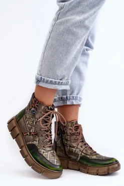Wzorzyste Botki Damskie Skórzane Maciejka 06145-24 Oliwkowe