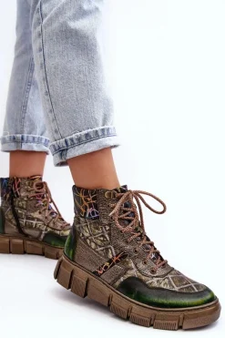 Wzorzyste Botki Damskie Skórzane Maciejka 06145-24 Oliwkowe