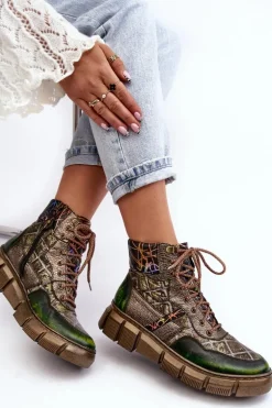 Wzorzyste Botki Damskie Skórzane Maciejka 06145-24 Oliwkowe