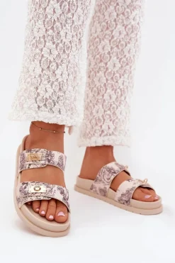 Wzorzyste Klapki Damskie Na Platformie Beżowe Sorina