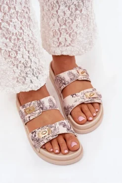 Wzorzyste Klapki Damskie Na Platformie Beżowe Sorina