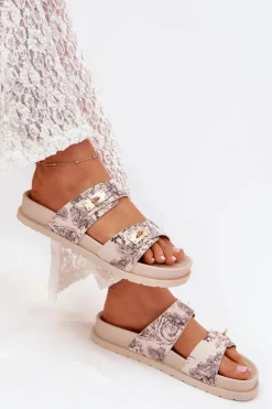 Wzorzyste Klapki Damskie Na Platformie Beżowe Sorina