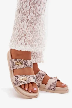 Wzorzyste Klapki Damskie Na Platformie Beżowe Sorina