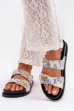 Wzorzyste Klapki Damskie Na Platformie Niebieskie Sorina