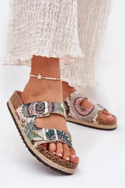 Wzorzyste Klapki Damskie Na Korkowej Platformie Z Klamrami Lee Cooper LCW-25-35-3483L Multikolor