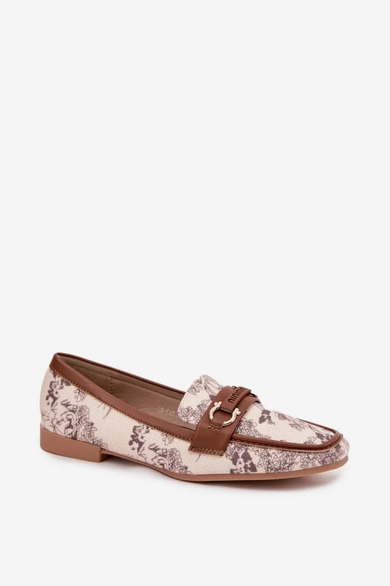 Wzorzyste Mokasyny Loafersy Damskie Z Ozdobnym Elementem Beżowo-Brązowe Evelora