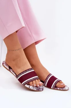 Wzorzyste Płaskie Klapki Damskie Bordowe Leysi