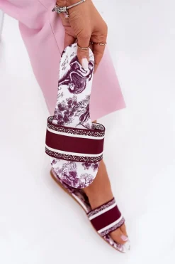 Wzorzyste Płaskie Klapki Damskie Bordowe Leysi