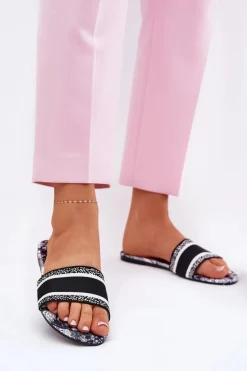 Wzorzyste Płaskie Klapki Damskie Czarne Leysi