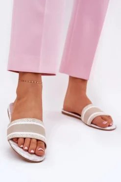 Wzorzyste Płaskie Klapki Damskie Beżowe Leysi