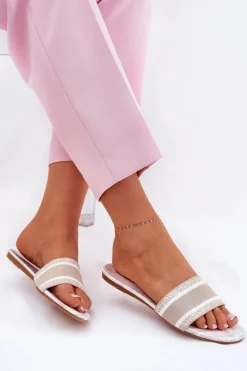 Wzorzyste Płaskie Klapki Damskie Beżowe Leysi