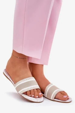 Wzorzyste Płaskie Klapki Damskie Beżowe Leysi