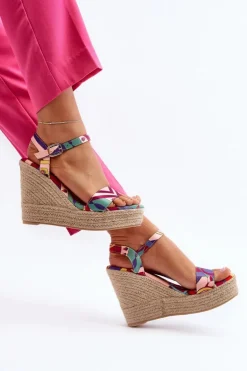 Wzorzyste Sandały Na Koturnie Z Plecionki Multikolor Anihazra