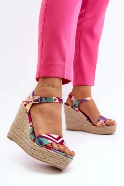 Wzorzyste Sandały Na Koturnie Z Plecionki Multikolor Anihazra