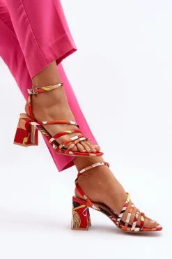 Wzorzyste Sandały Na Słupku Pomarańczowe Jenglla