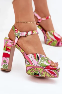 Wzorzyste Sandały Na Słupku I Platformie Różowo-Zielone Slaria