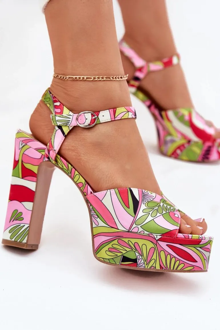 Wzorzyste Sandały Na Słupku I Platformie Różowo-Zielone Slaria