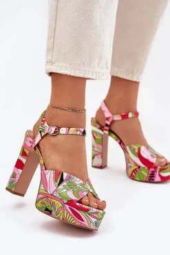 Wzorzyste Sandały Na Słupku I Platformie Różowo-Zielone Slaria