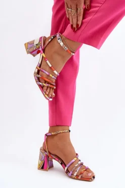 Wzorzyste Sandały Na Słupku Fioletowe Jenglla